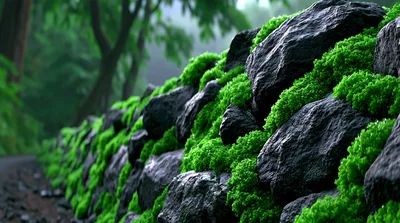 Moss Covered Stone Wall In A Lush Forest