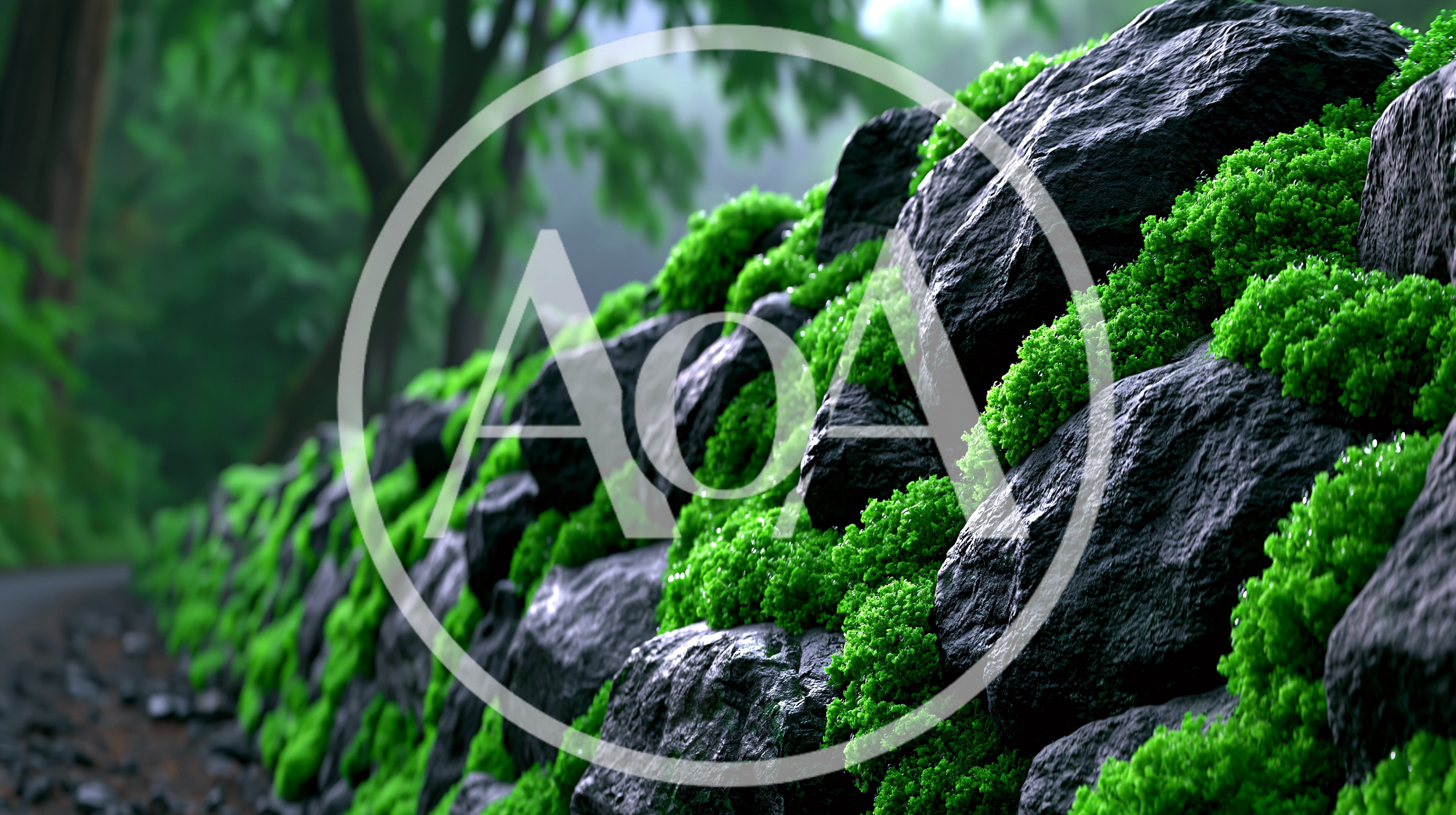 Moss Covered Stone Wall In A Lush Forest