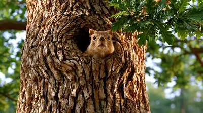 Red Squirrel Peeking Out From A Tree Hollow