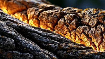 Glowing Golden Light Between Textured Tree Bark