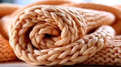 Close Up Of A Rolled Peach Colored Knitted Blanket
