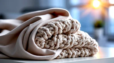 Folded Beige Knitted Blanket On A White Table