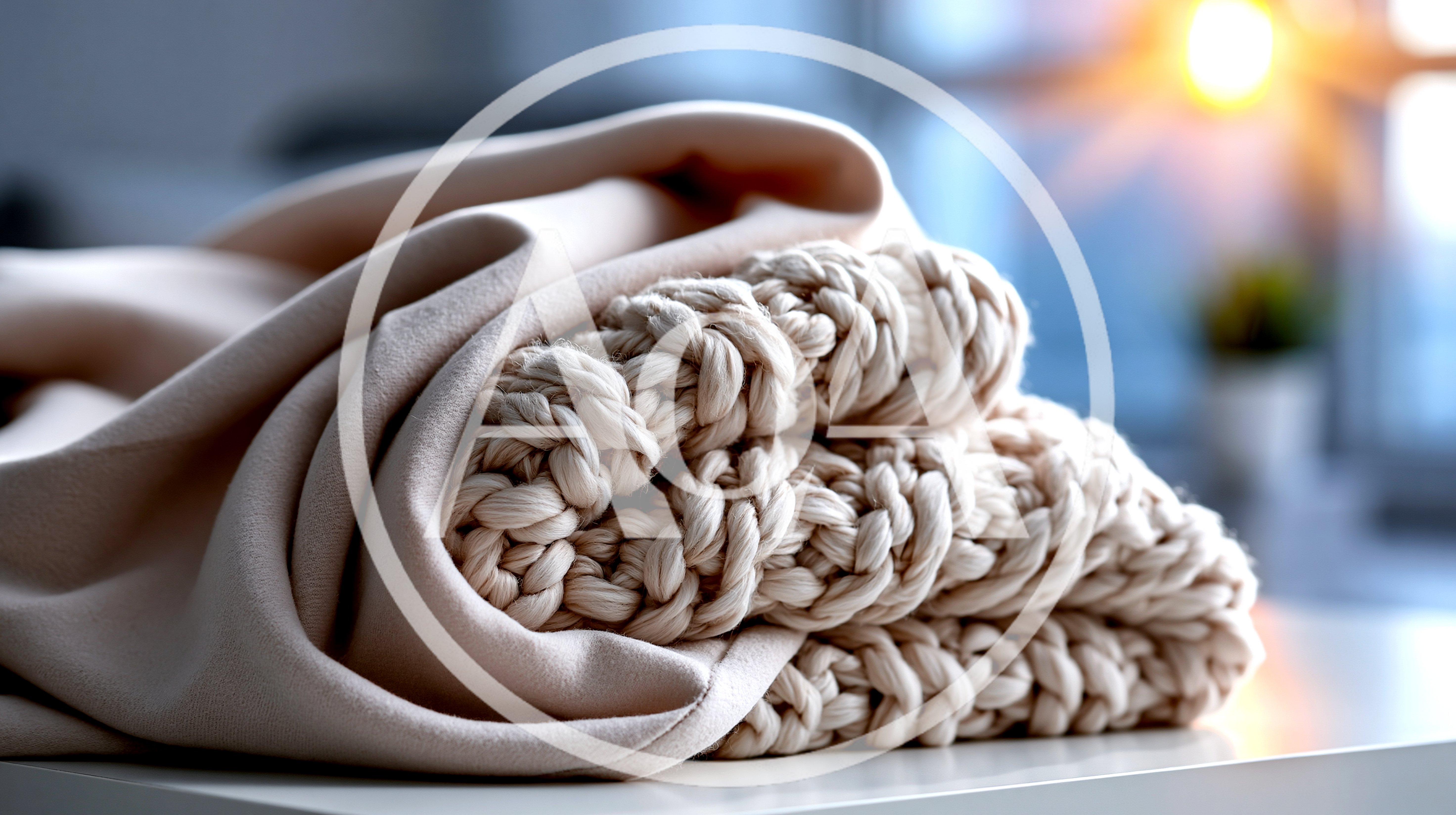 Folded Beige Knitted Blanket On A White Table
