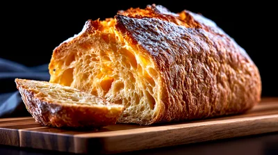 Freshly Baked Crusty Bread Loaf on Wooden Board