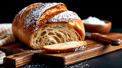 Freshly Baked Sourdough Bread Loaf On Wooden Board