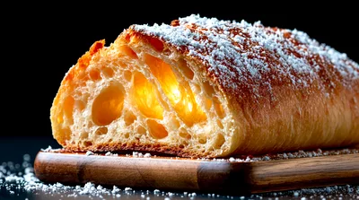 Freshly Baked Pastry With Powdered Sugar On Wooden Board