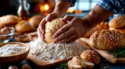 Baker Kneading Fresh Dough On A Floured Surface