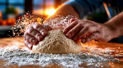 Baker Kneading Dough On A Floured Surface