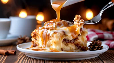 Caramel Sauce Pouring Over A Fresh Cinnamon Roll