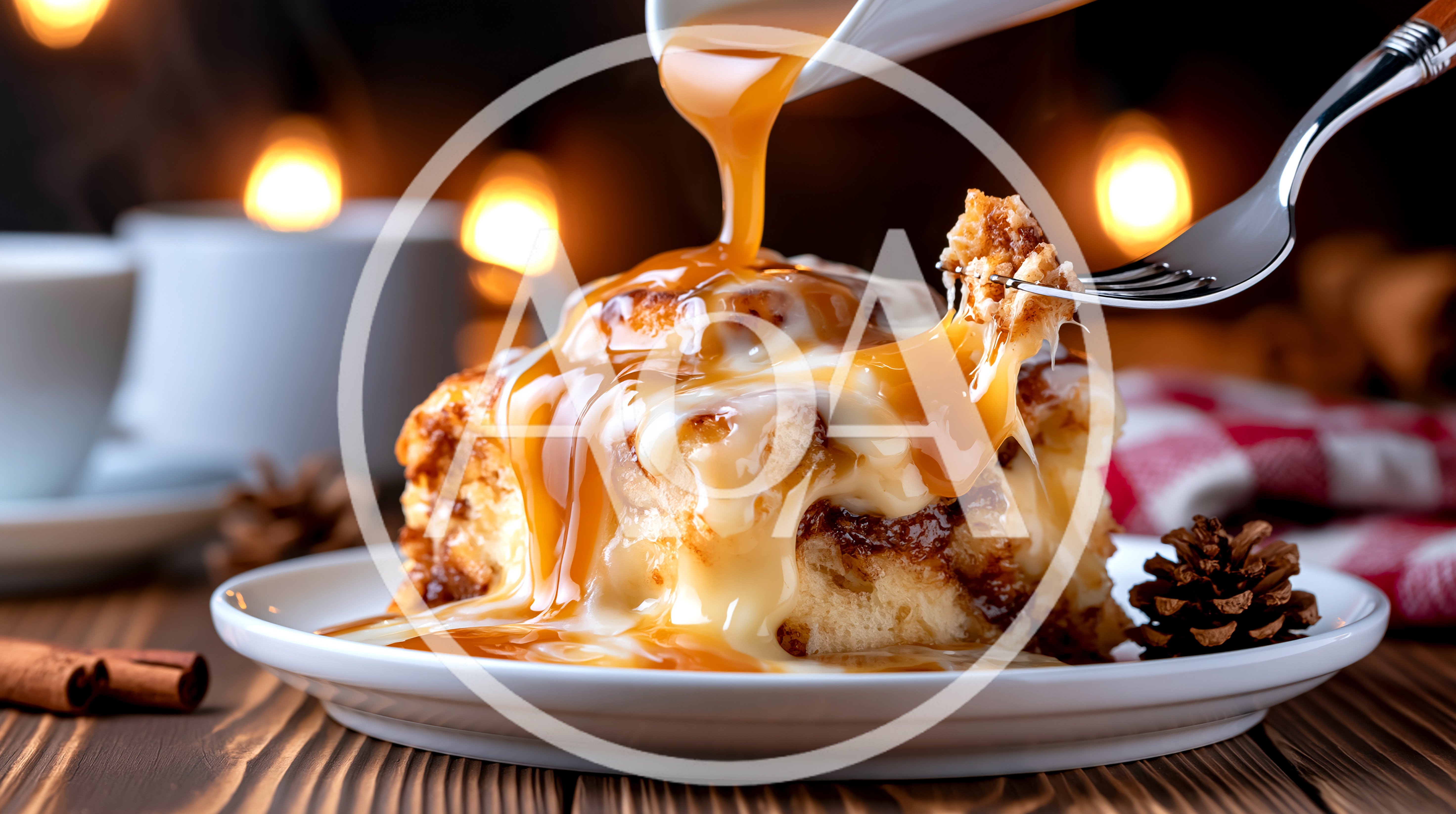 Caramel Sauce Pouring Over A Fresh Cinnamon Roll
