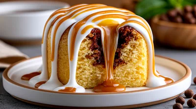 Gourmet Cinnamon Roll With Caramel Drizzle On Plate