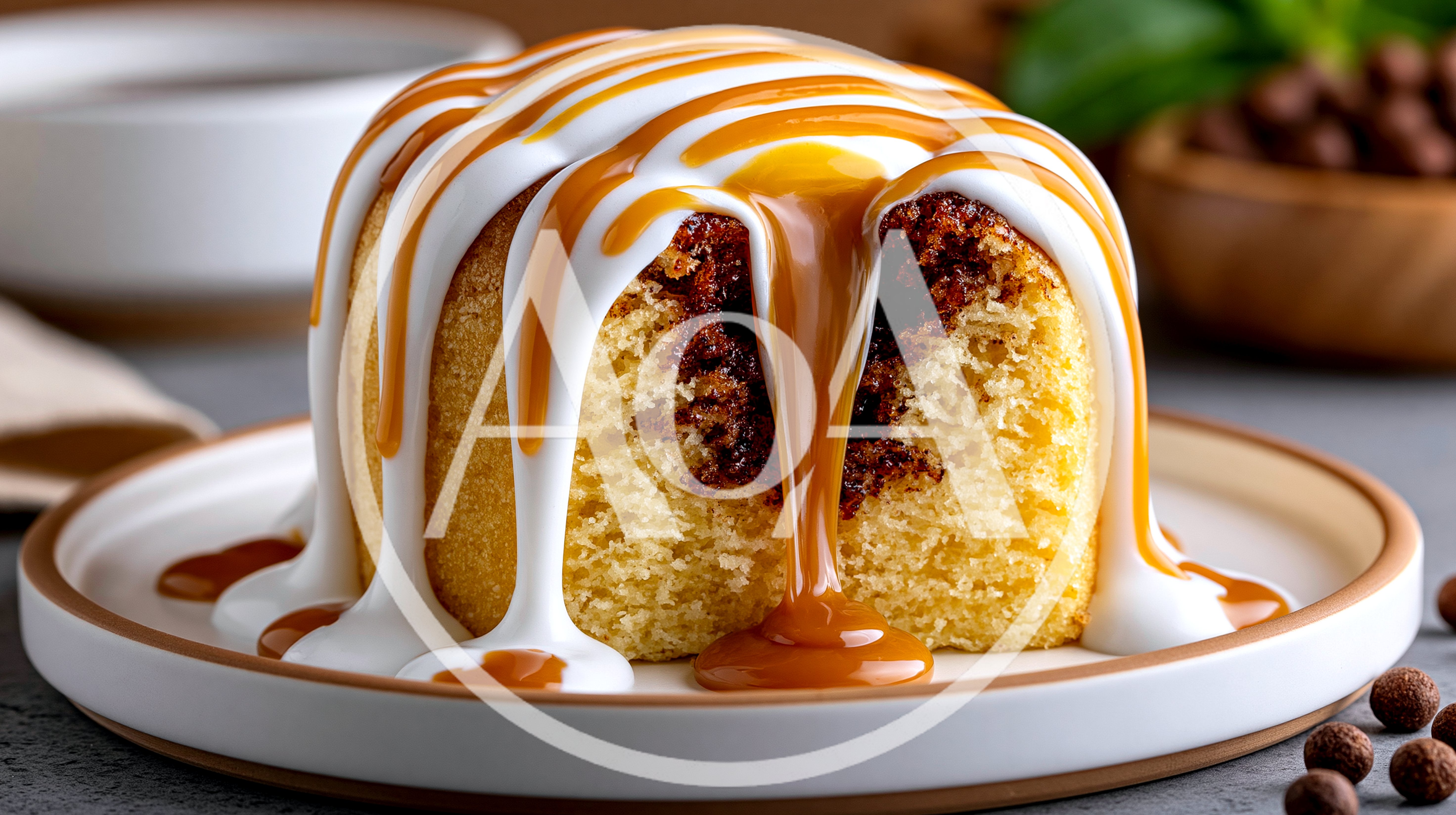 Gourmet Cinnamon Roll With Caramel Drizzle On Plate