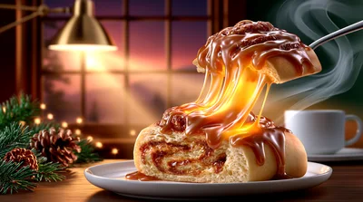 Warm Caramel Cinnamon Roll Being Lifted