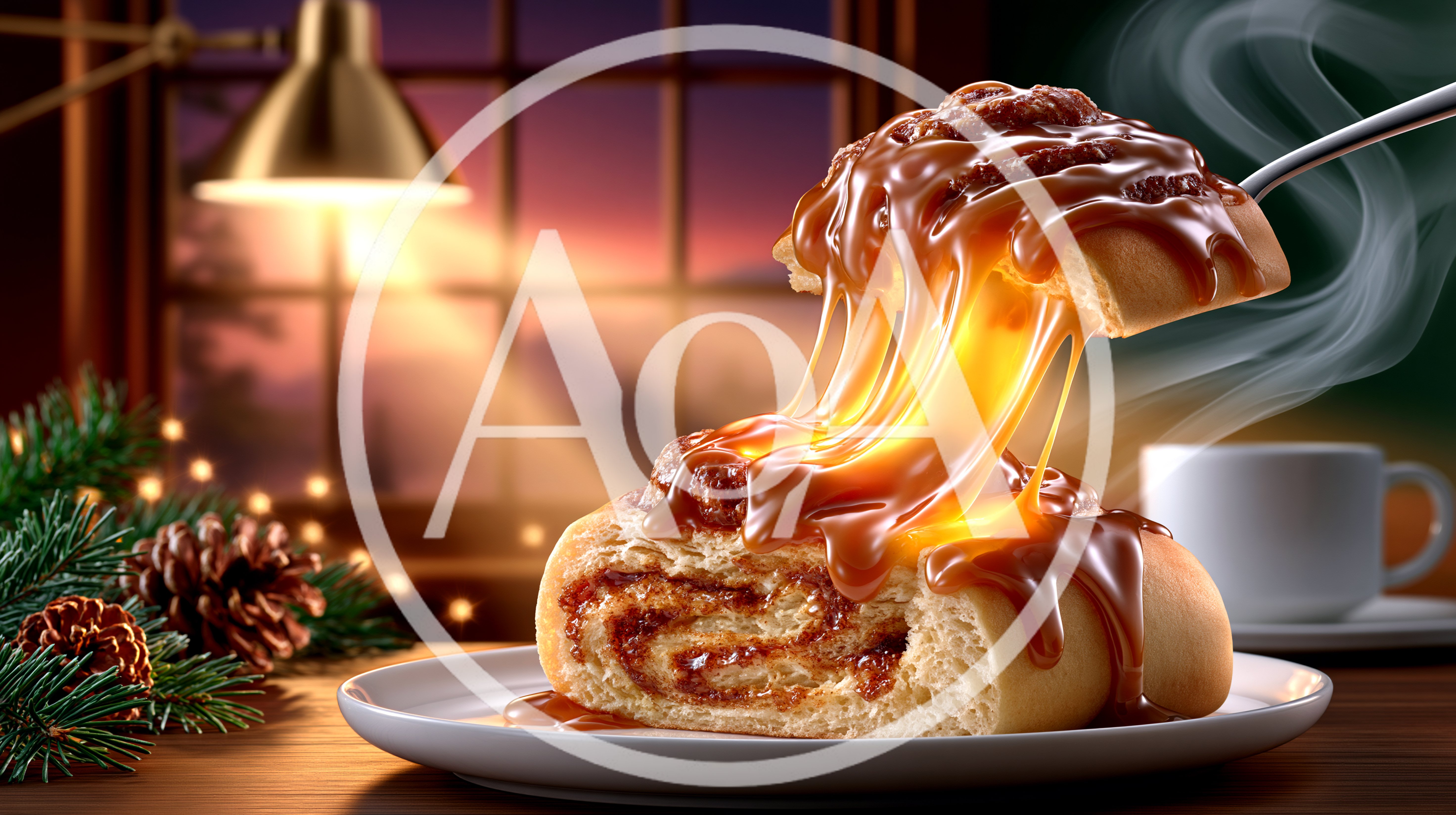 Warm Caramel Cinnamon Roll Being Lifted