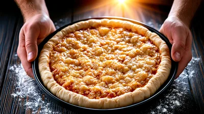 Hands Holding A Freshly Baked Cheese Pizza