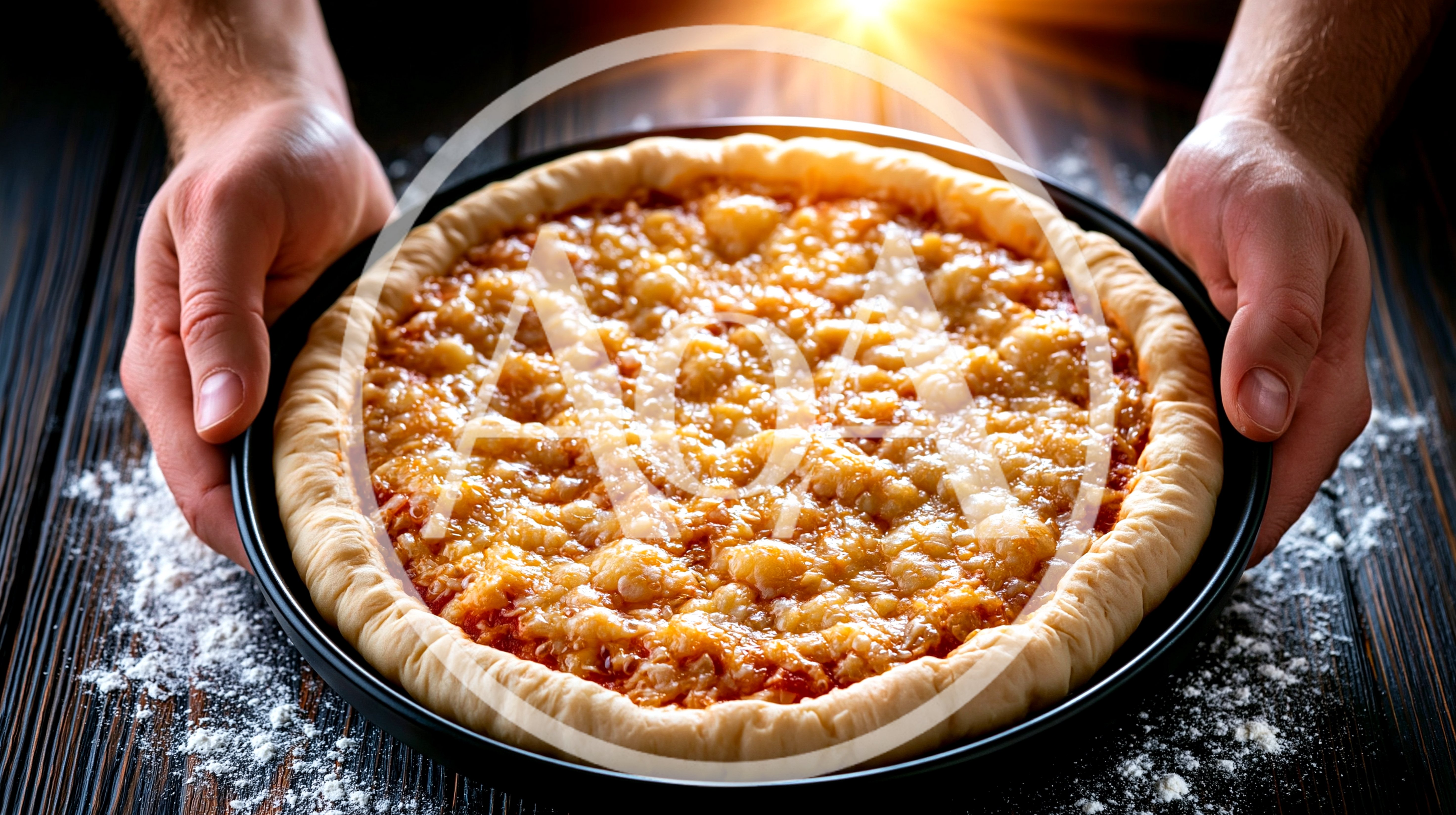 Hands Holding A Freshly Baked Cheese Pizza