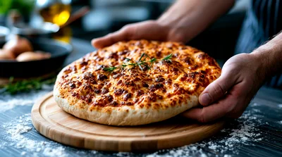 Chef Holding Freshly Baked Cheesy Focaccia Bread