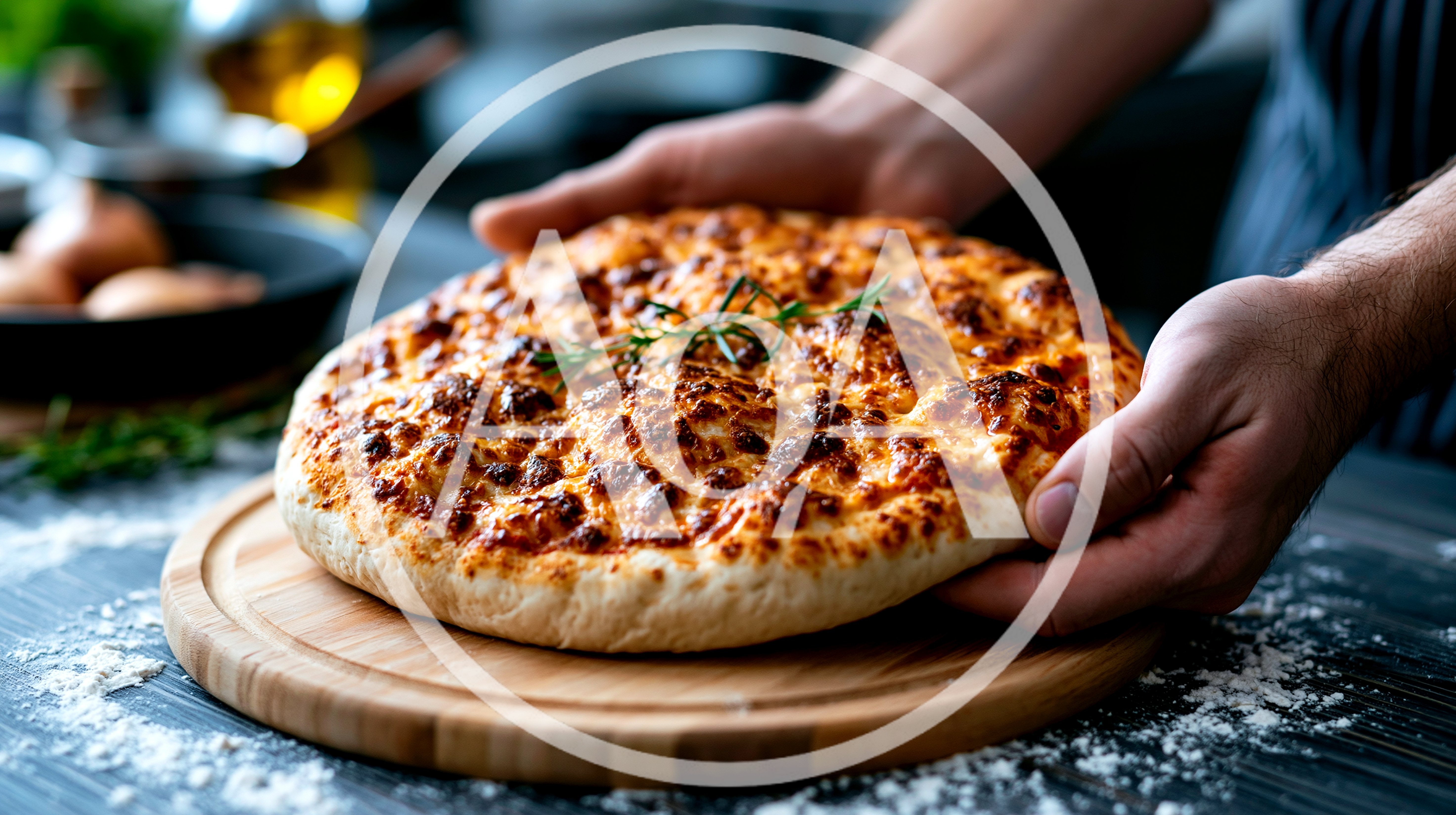 Chef Holding Freshly Baked Cheesy Focaccia Bread