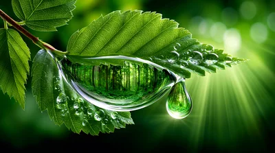Macro Water Droplet Reflecting A Lush Green Forest