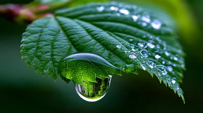 Macro Close Up Of Dew Drop On Green Leaf