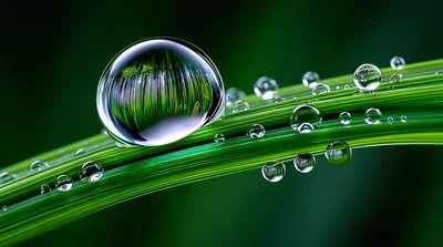 Large Dew Drop Reflecting Green Grass Blades