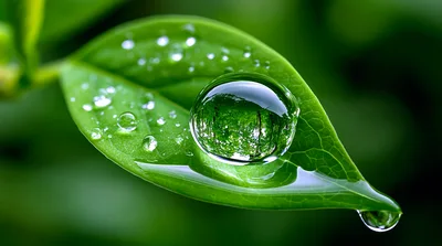 Large Dew Drop On A Vibrant Green Leaf