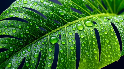 Monstera Deliciosa Leaf Covered In Fresh Raindrops