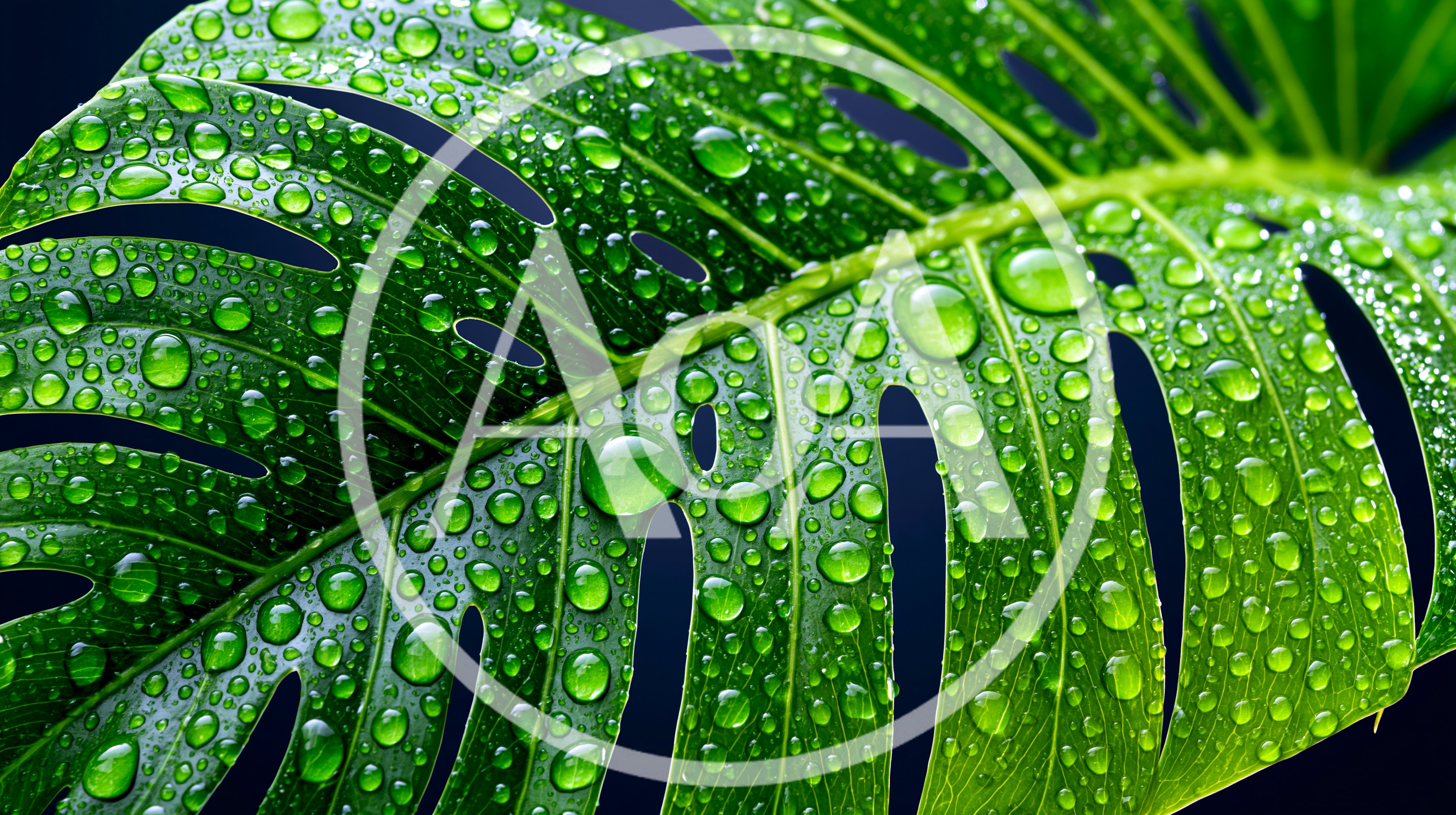 Monstera Deliciosa Leaf Covered In Fresh Raindrops
