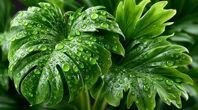 Dew Covered Monstera Deliciosa Leaves