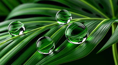 Clear Water Droplets On Vibrant Green Palm Leaf