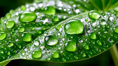 Dew Drops On A Vibrant Green Leaf