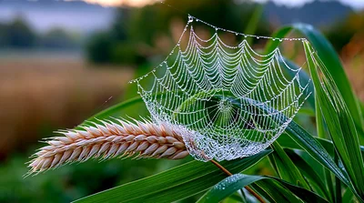 Dew Covered Spider Web On Wheat Stalk