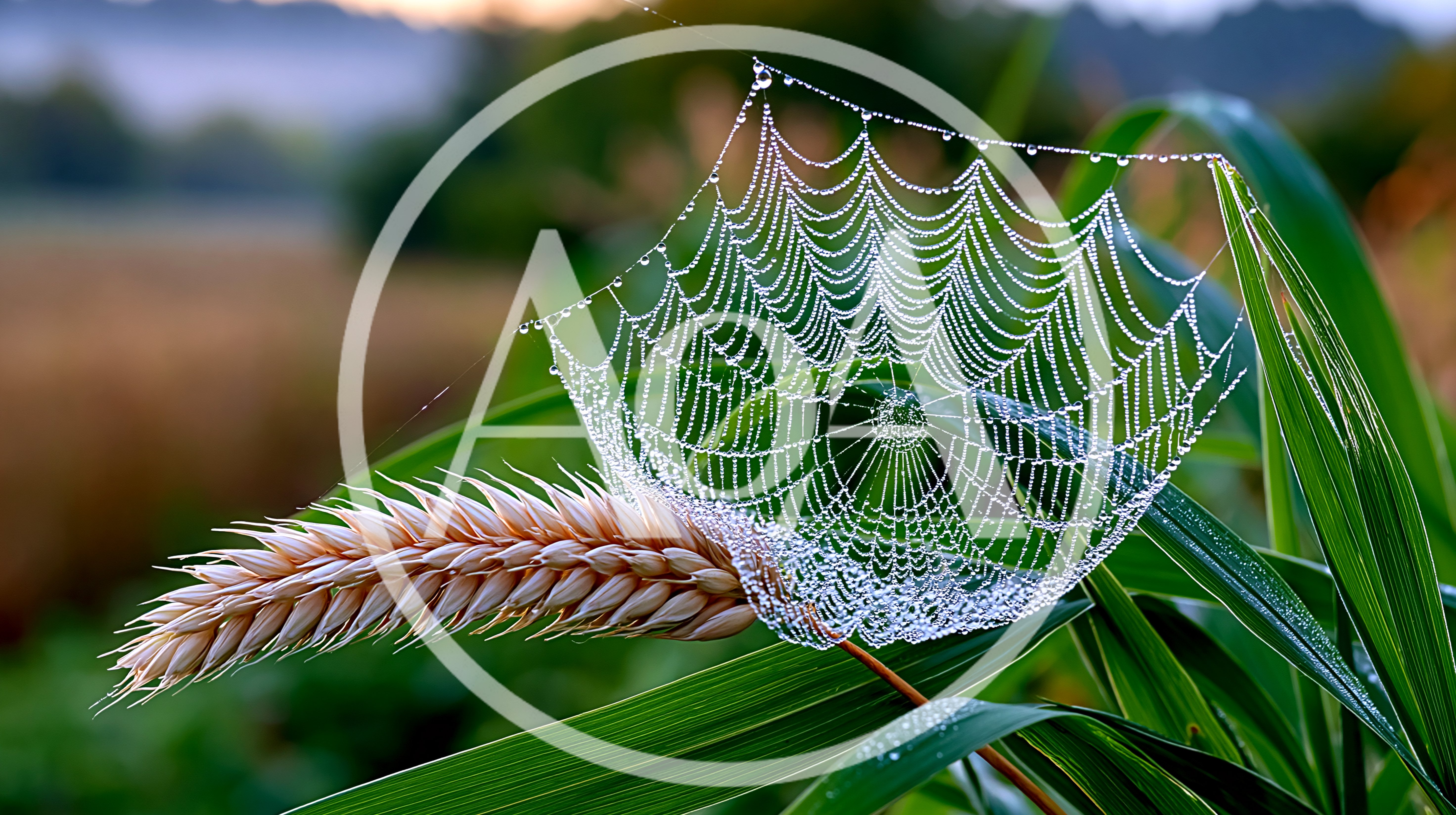 Dew Covered Spider Web On Wheat Stalk