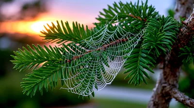 Dew Covered Spider Web On Pine Branch