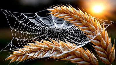 Spider Web With Dew Drops On Golden Wheat Stalks