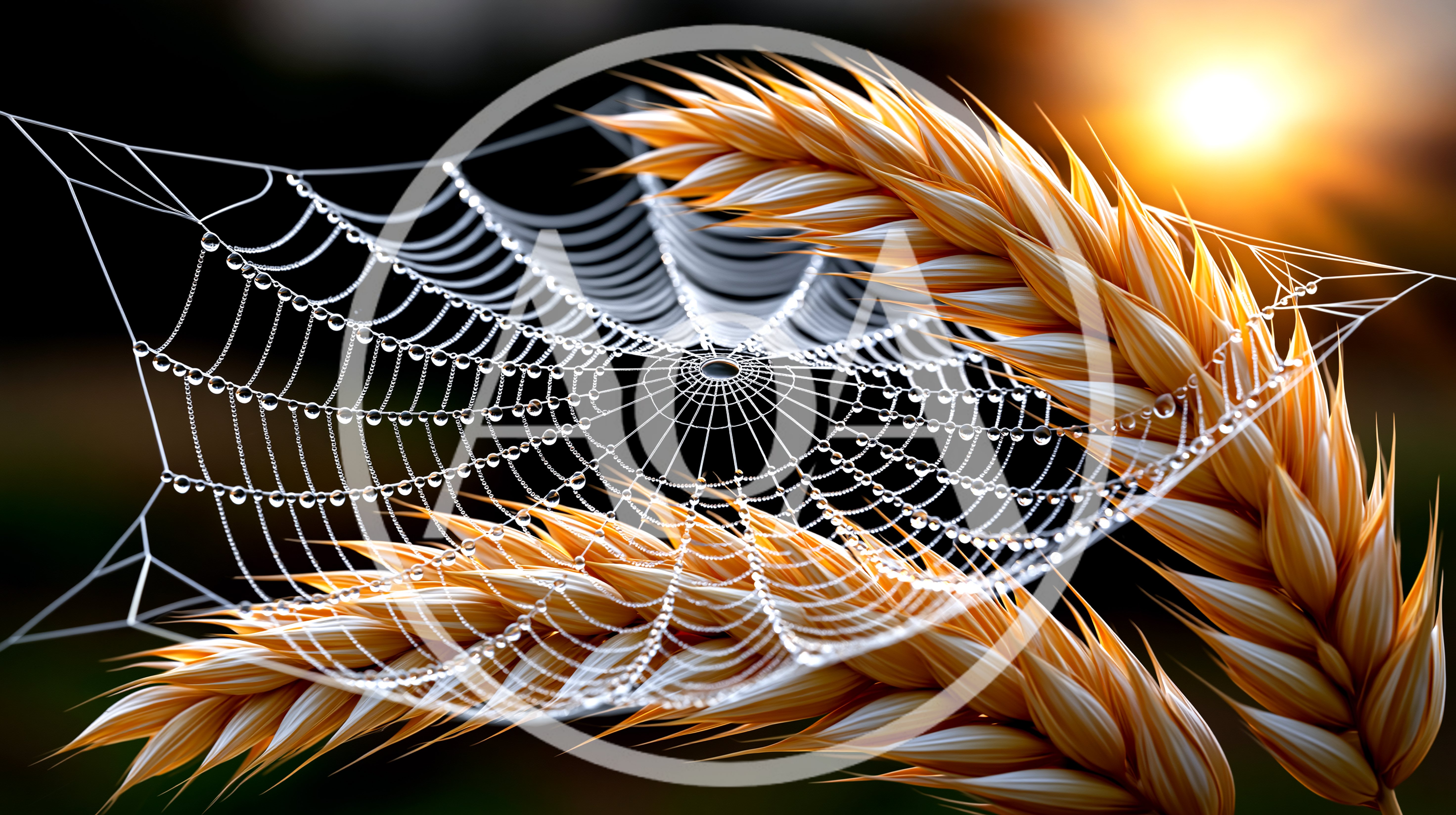 Spider Web With Dew Drops On Golden Wheat Stalks