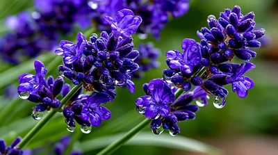 Close Up Of Vibrant Purple Lavender Flowers With Dewdrops