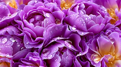 Close Up Of Vibrant Purple Peony Flowers With Dewdrops