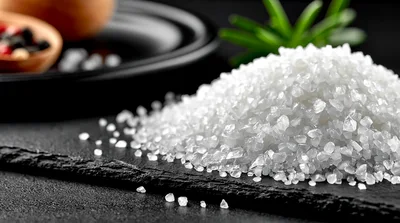 Coarse Sea Salt Pile On Black Slate Surface