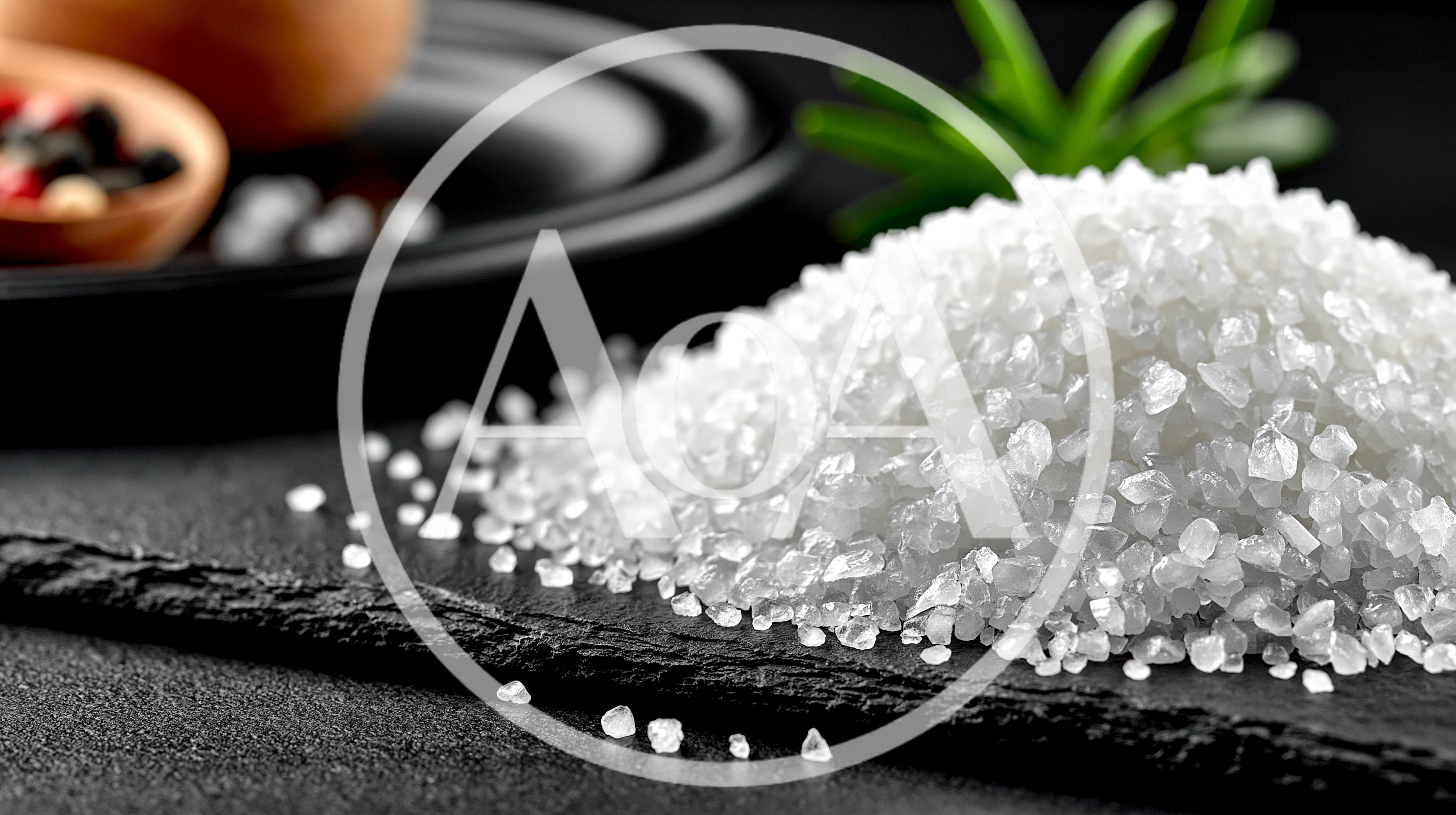 Coarse Sea Salt Pile On Black Slate Surface