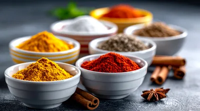 Assorted Spices In Small White Bowls