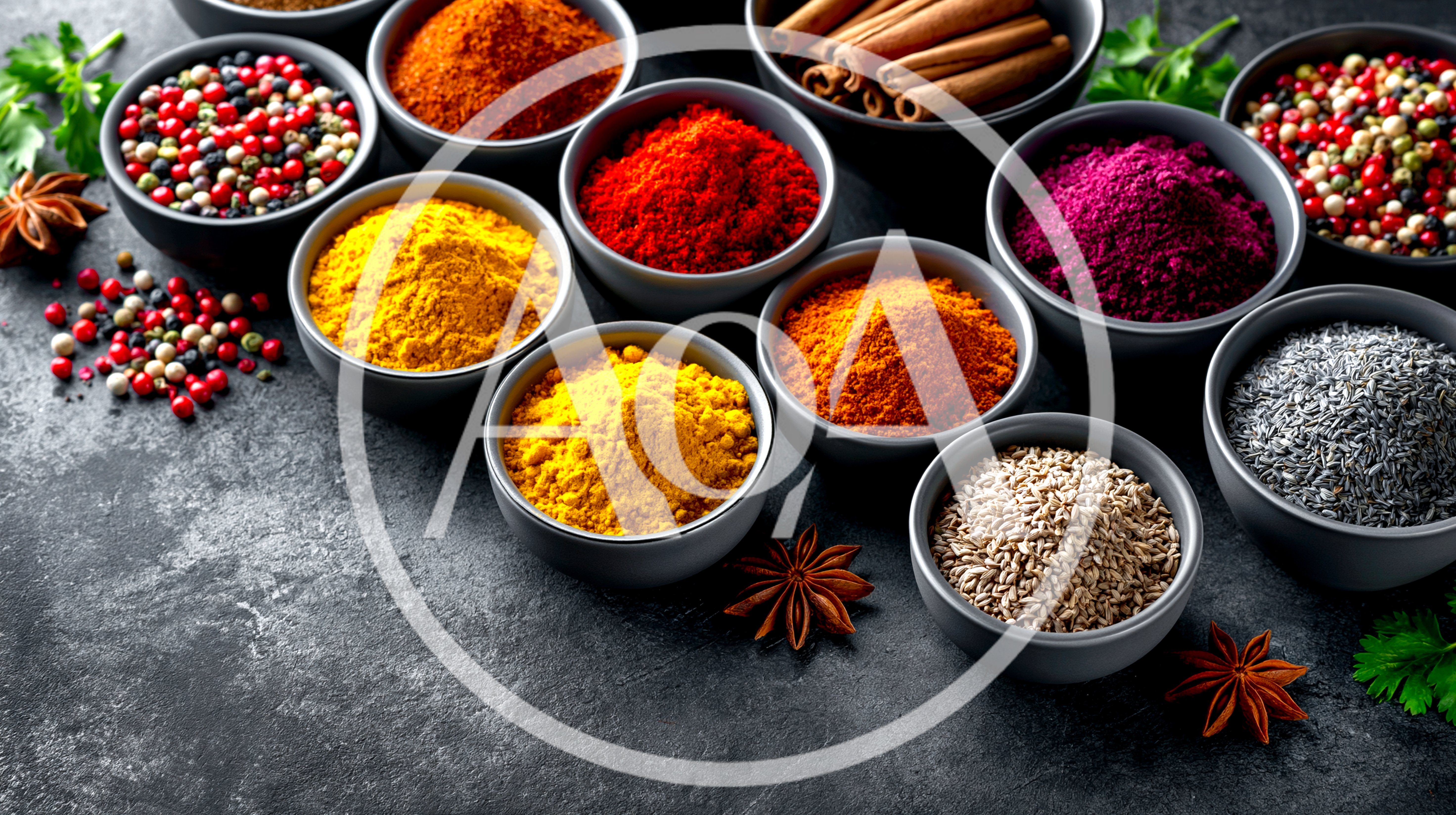 Assorted Colorful Spices In Small Bowls
