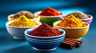 Assorted Colorful Spices in Small Ceramic Bowls