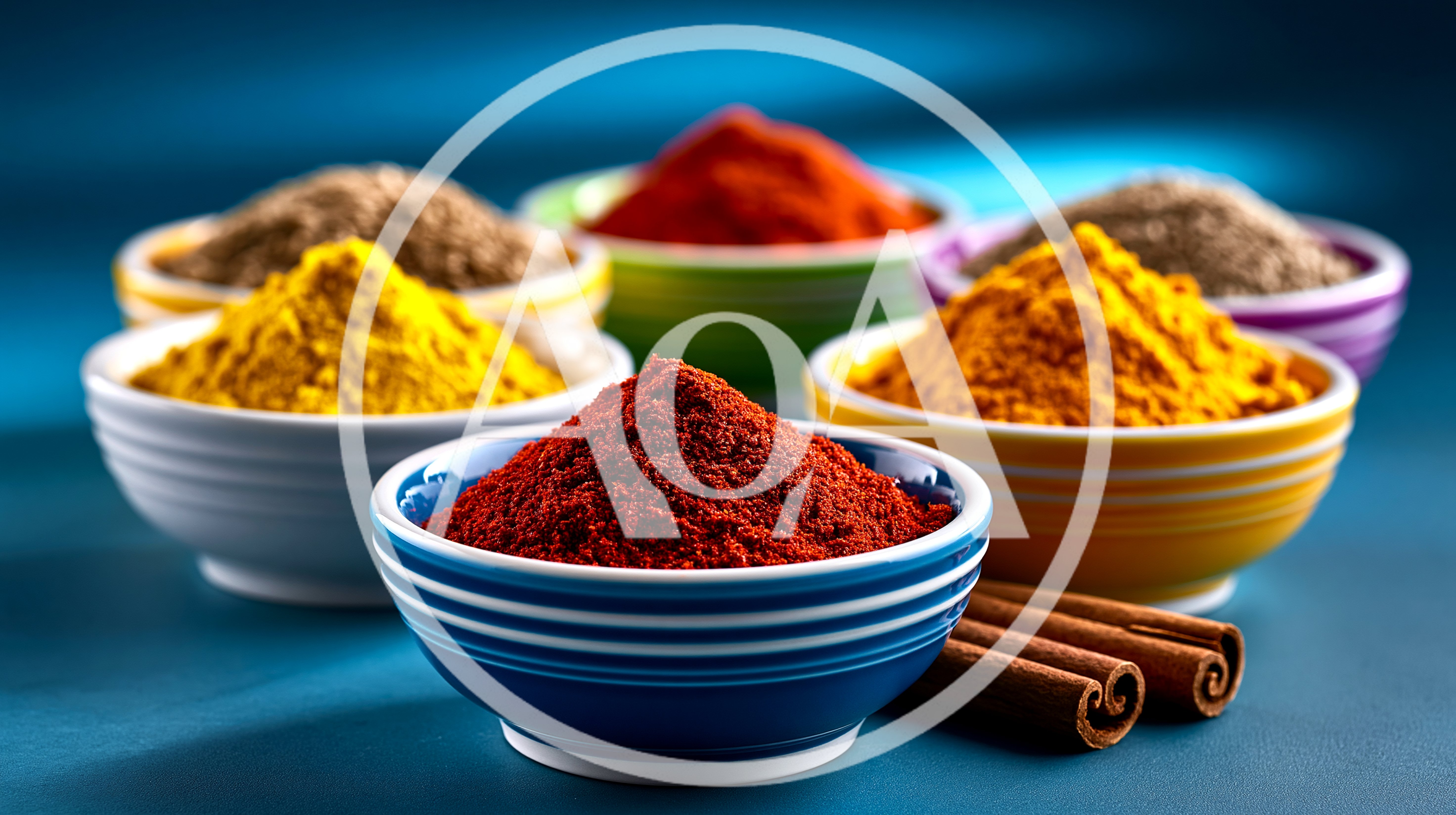 Assorted Colorful Spices in Small Ceramic Bowls