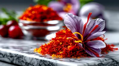 Saffron Threads and Crocus Flower on Marble Surface