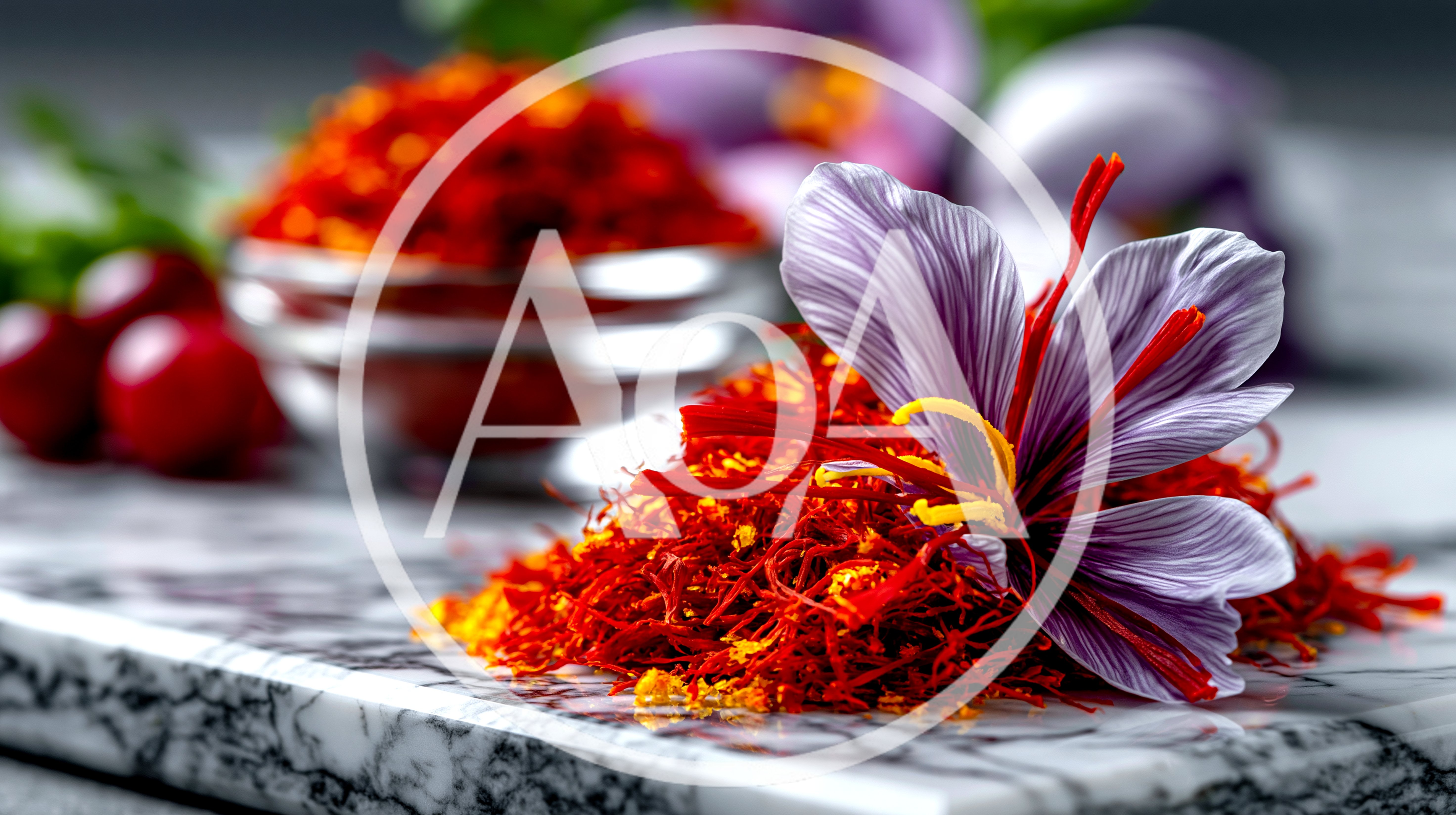 Saffron Threads and Crocus Flower on Marble Surface