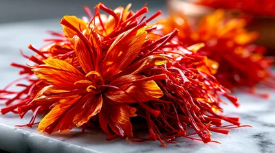 Close Up Of Premium Saffron Threads On Marble