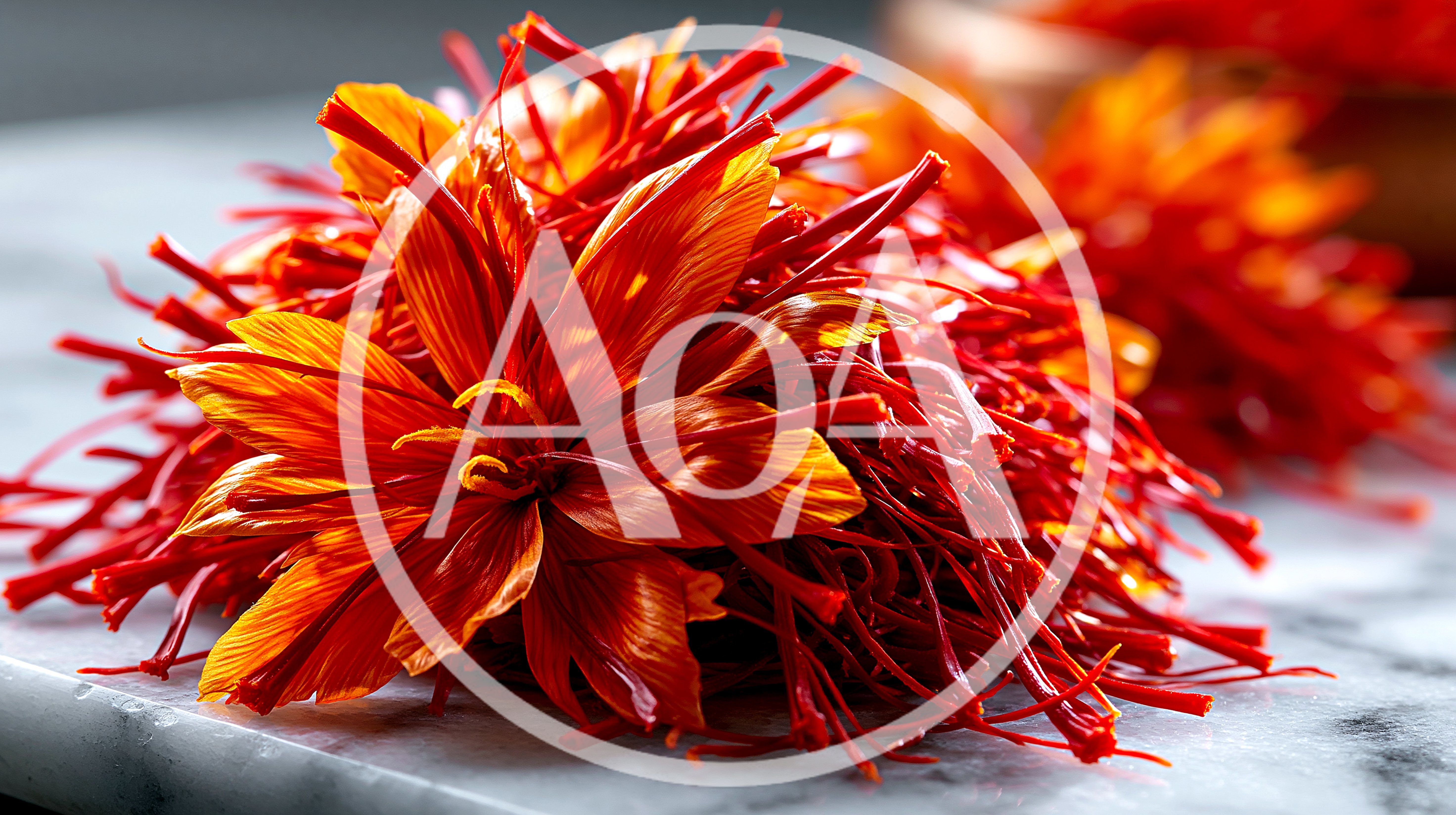 Close Up Of Premium Saffron Threads On Marble