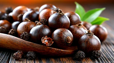 Guarana Seeds and Black Peppercorns on Wooden Spoon