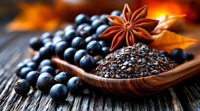 Juniper Berries And Star Anise On Wooden Spoon